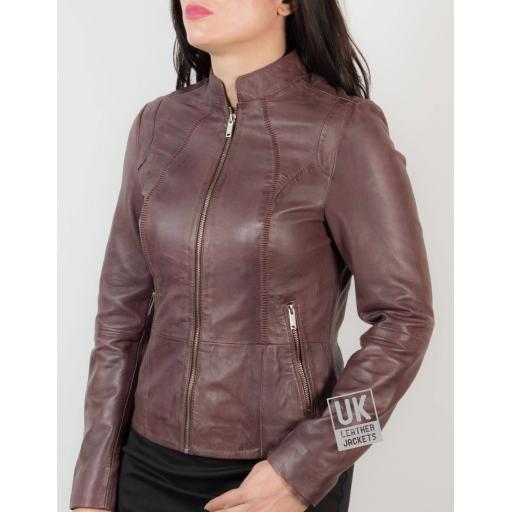 Womens Burgundy Wine Leather Jacket - Danielle - Front Side