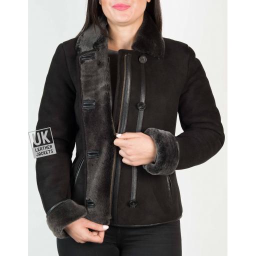 Womens Black Shearling Sheepskin Jacket - Aspen - Zip Front
