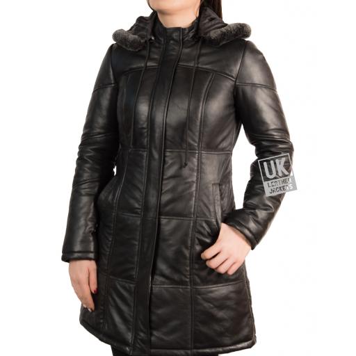 Womens Black Leather Quilted Coat - Aliciana - Detach Hood - Front
