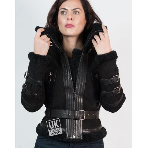 Womens Belted Shearling Sheepskin Jacket – Alana - Black - Collar Up