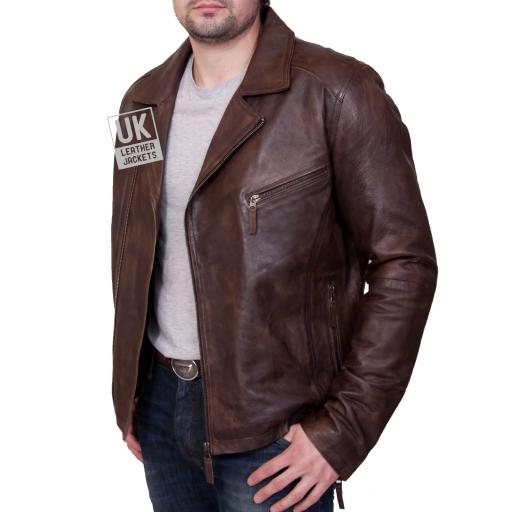 Men's Brown Cross Zip Leather Jacket - Lenox - Side