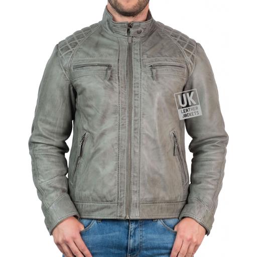 Men's Leather Jacket - Lancer - Vintage Grey - Zipped
