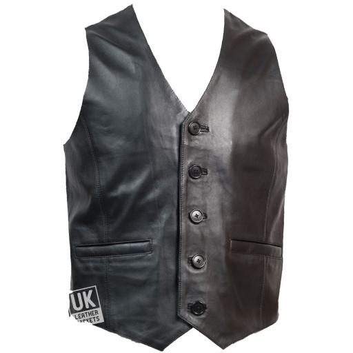 Mens Classic Black Leather Waistcoat - Longer Length - Front