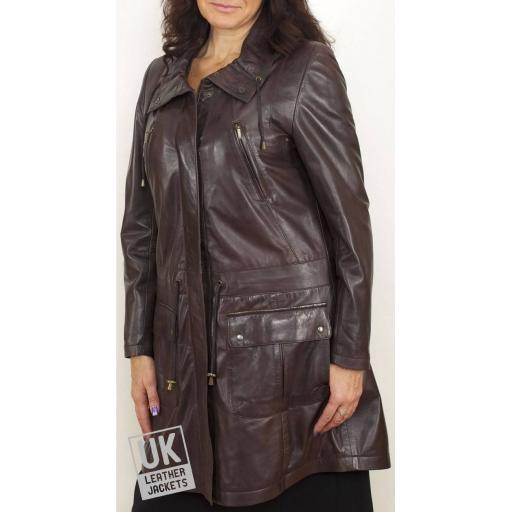 Women's Brown Leather Parka Coat - Hazel - Cover