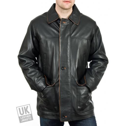 Men's Black Leather Coat Jacket - Hip Length - Hamilton