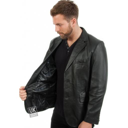 Men's 2 Button Black Leather Blazer - Single Vent - Lining