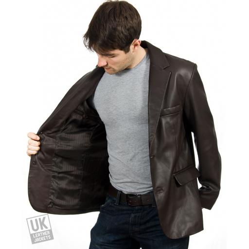 Men's Brown 2 Button Leather Blazer - Double Vent - Plus Size - Lining