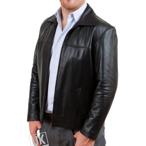 Men's Black Leather Jacket - Classic Harrington - Front