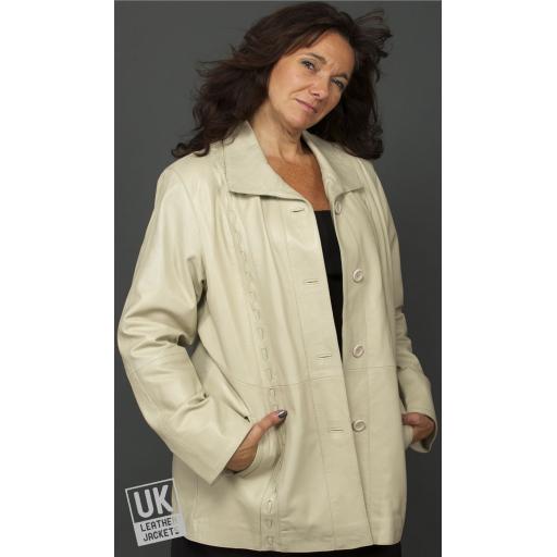 Ladies Stone Ivory Leather Coat Jacket - Aurora - Front 2
