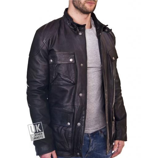 Mens Hip Length Leather Jacket - Longhurst - Black - Front Side