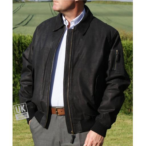Mens Black Matt Leather Bomber Jacket -- Detach Fleece Collar and Body Liner -SOLD OUT !