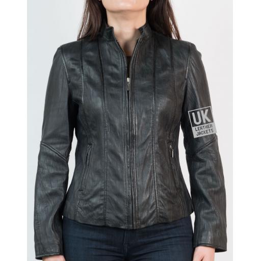 Ladies Black Classic Zip Leather Jacket - Crushed Finish - Front