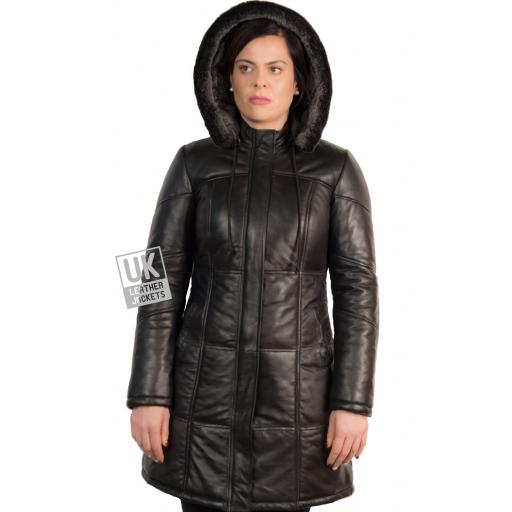 Womens Black Leather Quilted Coat - Aliciana - Detach Hood - Hooded