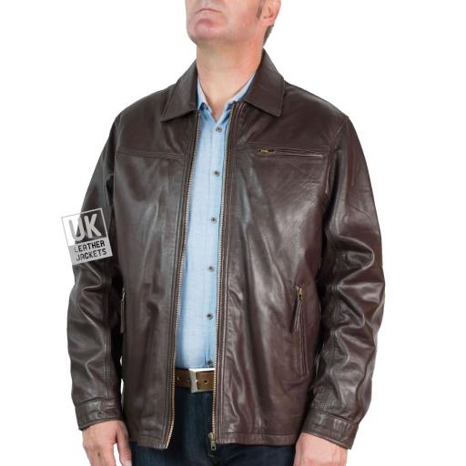 Mens Brown Leather Jacket - Earl - Unzipped