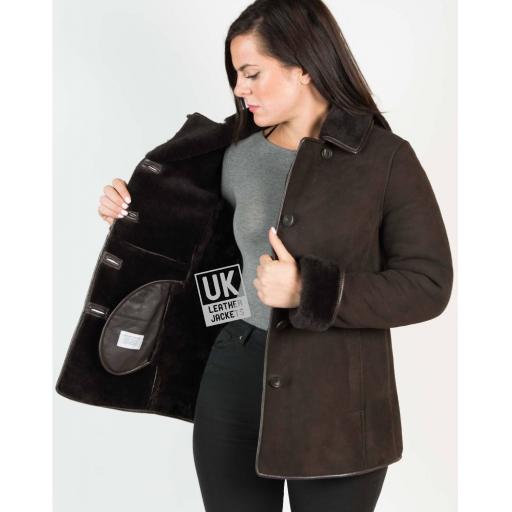 Womens Brown Shearling Sheepskin Jacket - Hip Length - Dana - Wool Lining