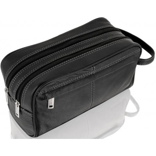 Black Leather Wash Bag by Pierre Cardin - Seine - Top/Side/Front View