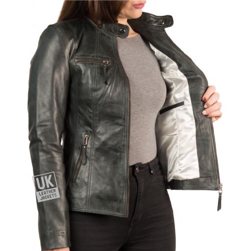 Women's Vintage Grey Leather Jacket - Leone - Lining