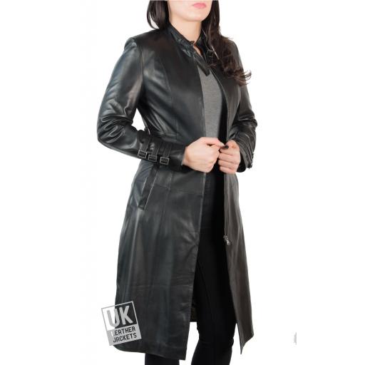 Womens Black Leather Coat - 7/8th Length - Luxor - Front