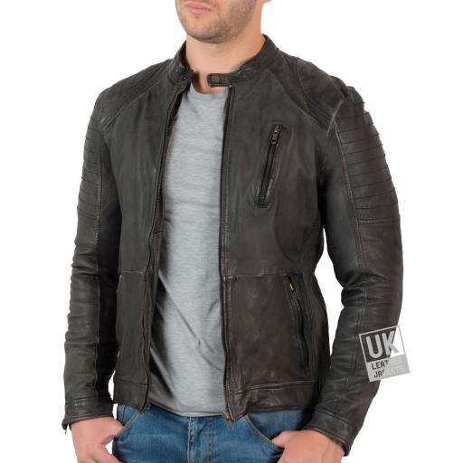 Mens Leather Biker Jacket - Carrick - Antique Matt Charcoal - Front Zipped