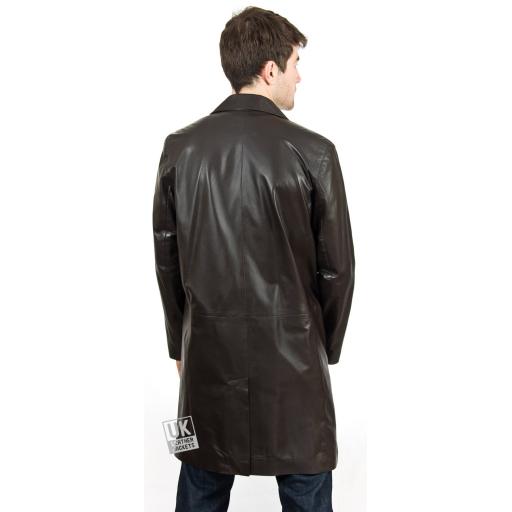 Men's 3/4 Length Brown Leather Coat - Plus Size - Henley - Back