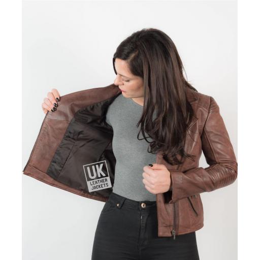 Womens Vintage Maple Cross Zip Leather Jacket - Keira - Lining