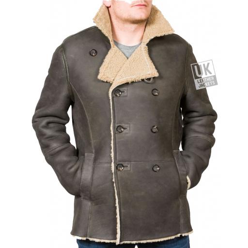 Men’s Black Double Breasted Shearling Sheepskin Jacket - Pea Coat - Front