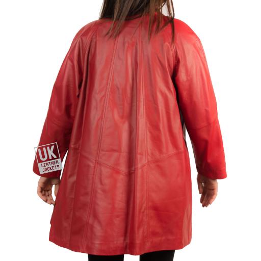 Women's Red Leather Swing Coat - Jewel - Back