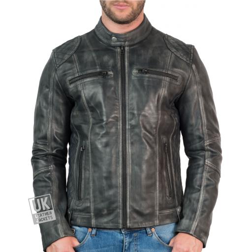 Mens Vintage Grey Leather Biker Jacket - Phoenix - Front Zipped