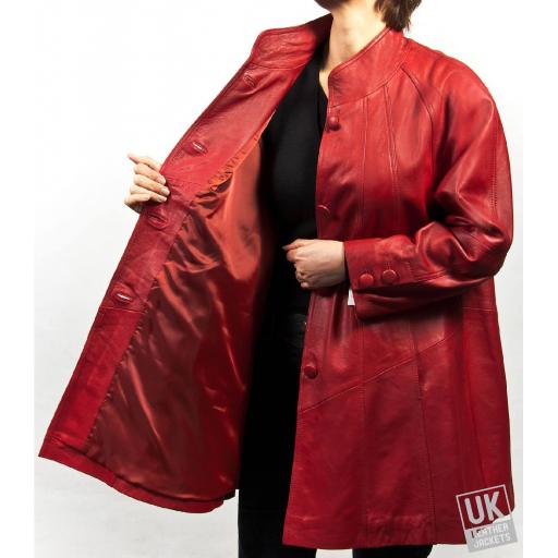 Women's Red Leather Swing Coat - Plus Size - Delia - Lining