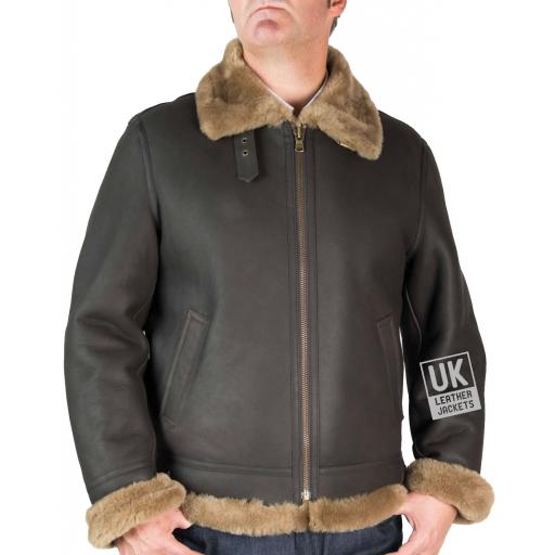 Mens Finest Shearling Aviator Jacket - Semi-Matt Brown / Brown Wool - Front 2