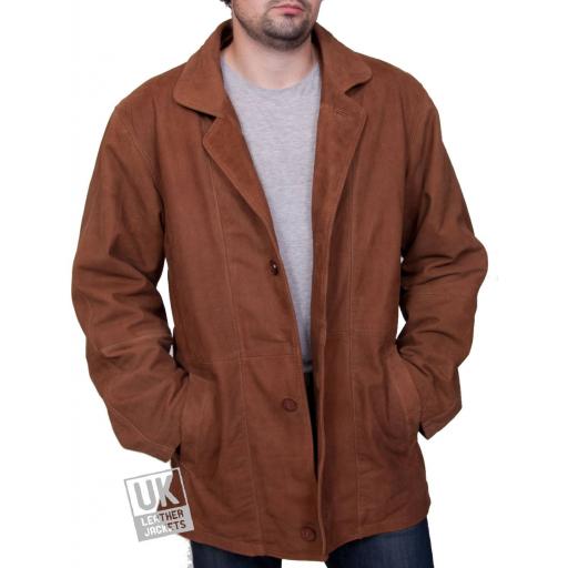 Mens Tan Nubuck Leather Coat Jacket - Magna - Front