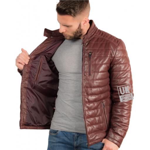 Mens Burgundy Leather Jacket - Ultra Light Quilted - Lining