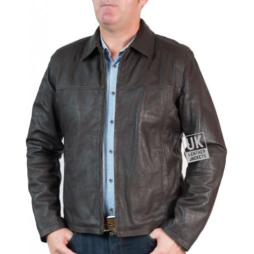 Mens Classic Zip Leather Jacket - Vintage Brown - Front
