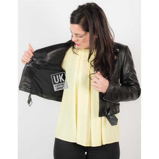 Womens Black Leather Biker Jacket – Cropped Length - Lining