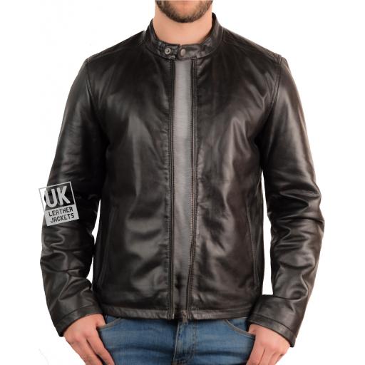 Men's Black Leather Jacket - Minimalist  - Front
