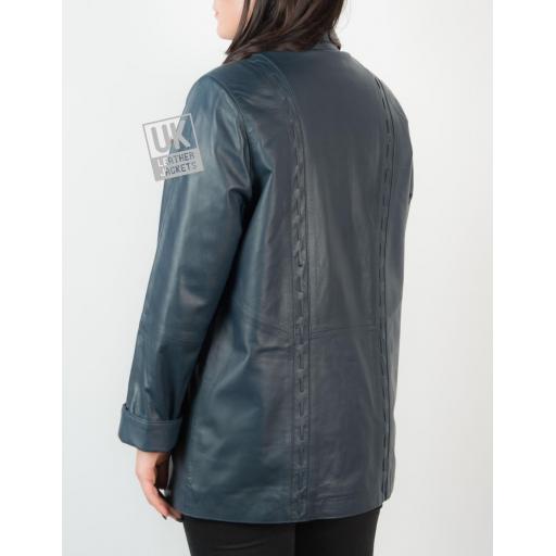 Ladies 3/4 Length Blue Leather Coat Jacket - Faith - Back