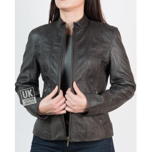 Ladies Dark Brown Classic Zip Leather Jacket - Crushed Finish - Unzipped