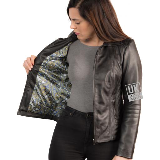 Women's Black Leather Jacket - Delta  - Lining
