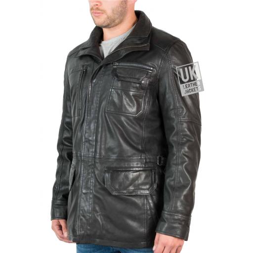 Men's Hip Length Leather Jacket - Marquis - Front