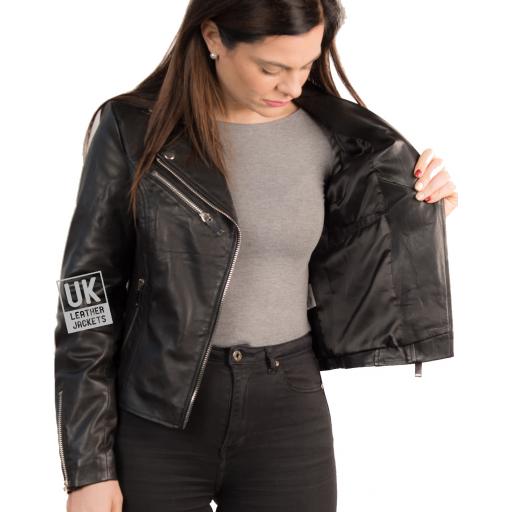 Womens Black Leather Biker Jacket – Eden - Lining