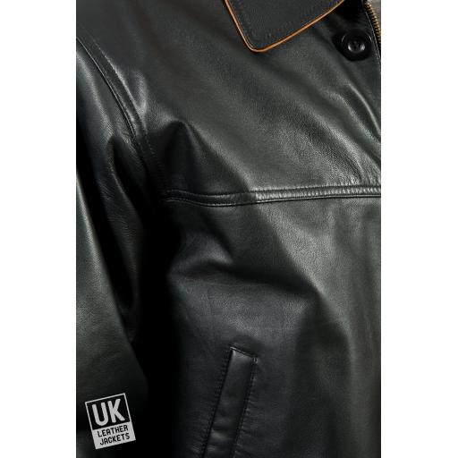 Men's Black Leather Coat Jacket - Hip Length - Hamilton - Detail