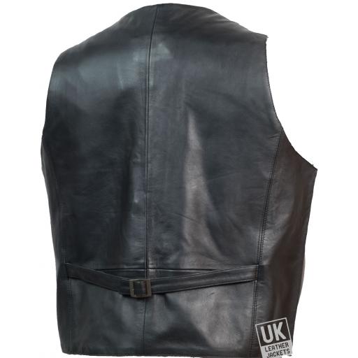 Mens Classic Black Leather Waistcoat - Longer Length - Back