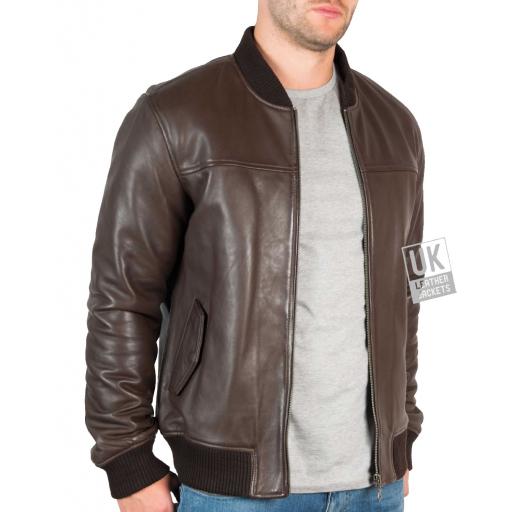 Men's Brown Leather Bomber Jacket - Morton - Front