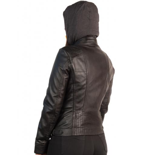 Womens Black Leather Jacket - Isla - Zip Out Jersey Hood - Back