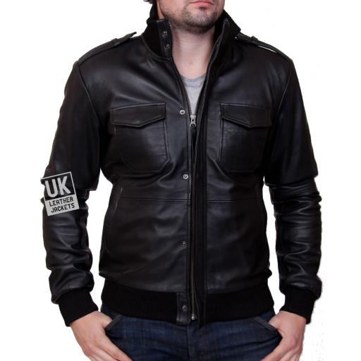 Men's Black Leather Bomber Jacket - Pinnacle