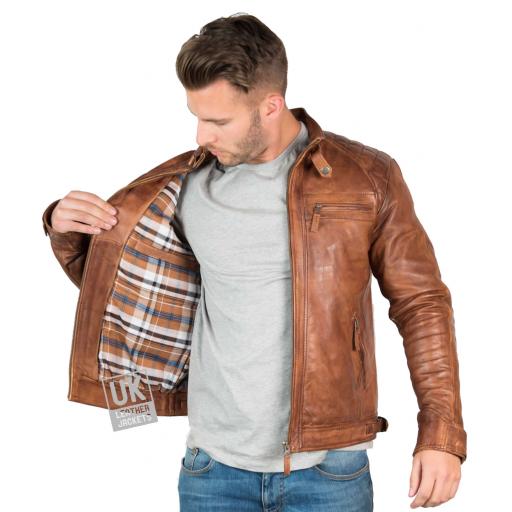 Mens Vintage Tan Leather Jacket - Kendal - Lining