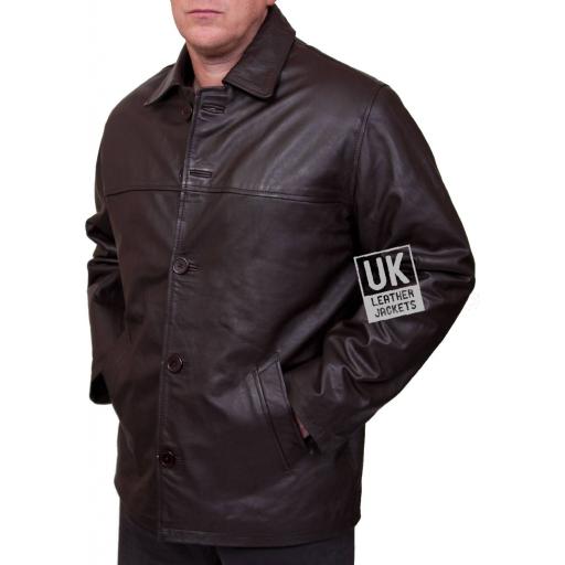 Men's 3/4 Length Brown Leather Jacket - Plus Size - Moore