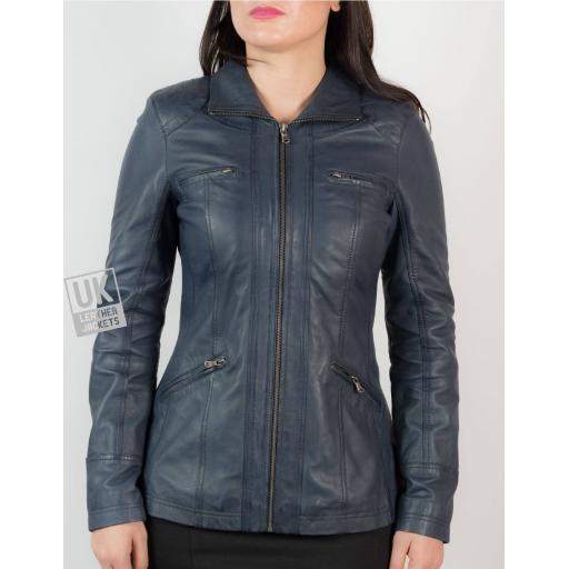 Womens Blue Leather Jacket - Muse - Hip Length - Front 2