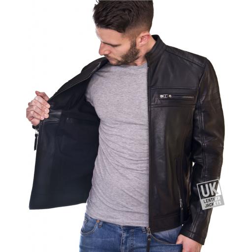 Men's Black Leather Jacket - Titanium - Lining