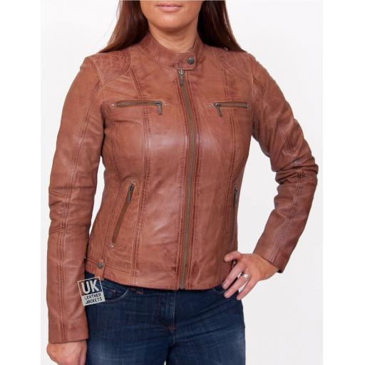 Womens Vintage Tan Leather Jacket - Jasmine - Plus Size - Zipped